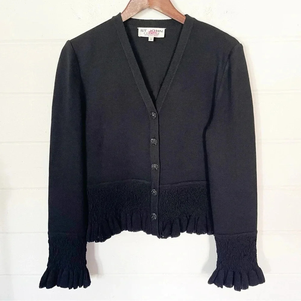 Rare⭐️ St.John Evening V-neck Button Down Black Knit Cardigan Size 6